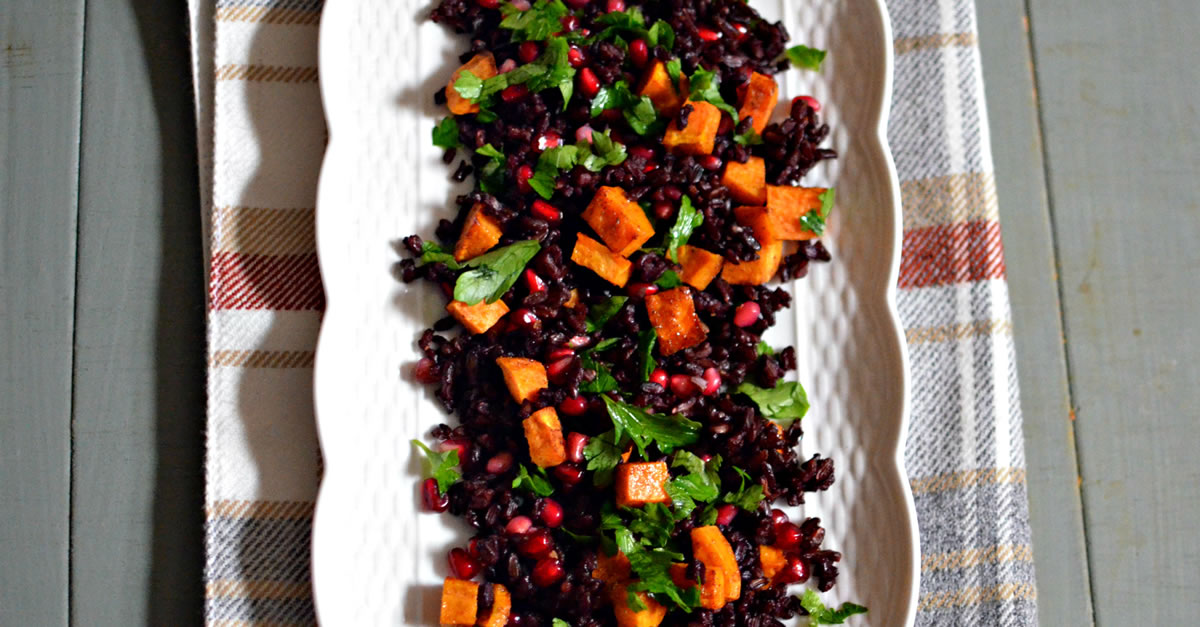 Warm Fall Salad Black Rice with Sweet Potato, Parsley, & Pomegranate